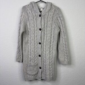 Garnet Hill Kids Cardigan Sweater M Grey Cable Knit Hooded Cottagecore Boho